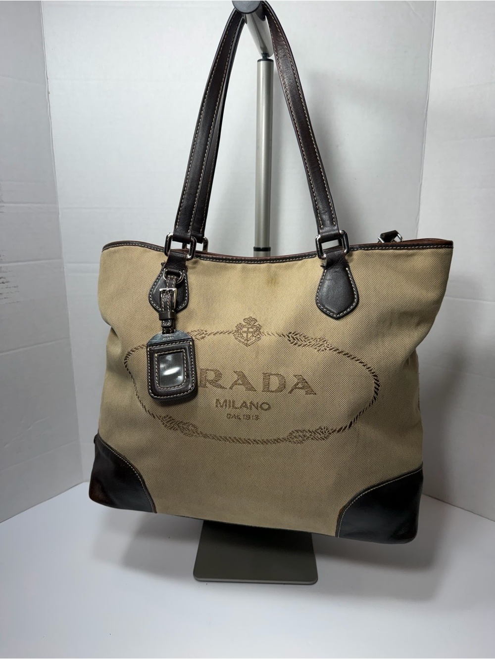 Prada Tote Bag Canvas Leather Beige Brown Silver Hardware Logo Shoulder, strap